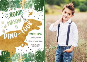 Birthday Invitation Gold Dinosaur T-Rex Dino-Four Photo design preview