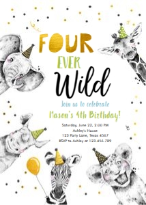 Birthday Invitation Party Animals No Leaves Black White Gold Four Ever Wild Boy Vertical design preview