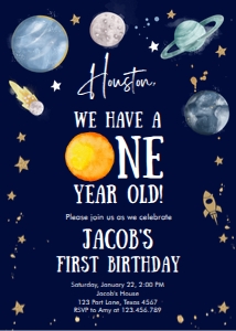 Invitation Space Planets Boy Houston One Year Dark Sun v3 design preview