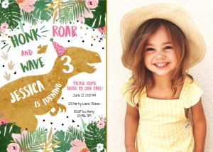 Birthday Invitation Dinosaur T-Rex Girl Drive By Vertical - Photo design preview