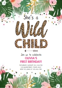 Birthday Invitation Safari Leaves Leopard Wild Child Girl design preview