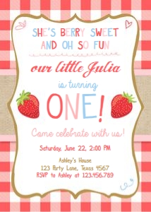 Birthday Invitation Strawberry She's Berry Sweet Pink Blue design preview