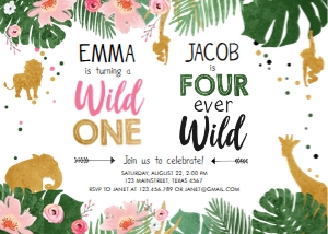 Birthday Invitation Safari Animals Jungle Wild One Girl Four Ever Wild Boy Combined design preview