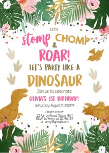 Birthday Invitation Gold Dinosaur Girl Stomp Chomp Roar design preview
