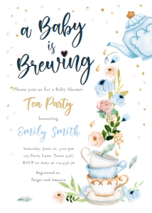 Baby Shower Invitation Tea Baby is Brewing Blue White Vertical V2 design preview