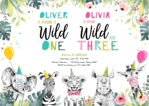 Birthday Invitation Party Animals Combined Boy Wild One Girl Wild and Three design preview
