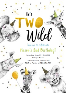 Birthday Invitation Party Animals No Leaves Black White Gold Two Wild Boy Vertical design preview