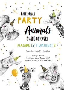 Birthday Invitation Party Animals No Leaves Black White Gold Boy Vertical design preview