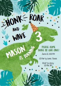 Birthday Invitation Dinosaur T-Rex Drive By Vertical Blue Green design preview