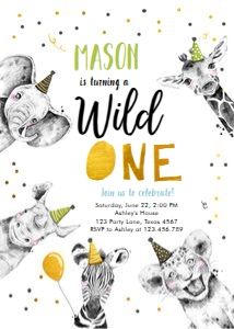 Birthday Invitation Party Animals No Leaves Black White Gold Wild One Boy Vertical design preview