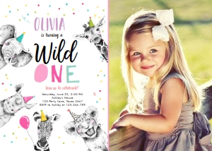 Birthday Invitation Wild One Animals Black and White Pink Vertical No Leaves Photo design preview