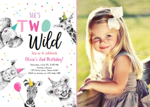 Birthday Invitation Two Wild Animals Black and White Pink Vertical No Leaves Photo design preview