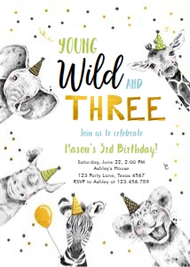 Birthday Invitation Party Animals No Leaves Black White Gold Young Wild and Three Boy Vertical design preview