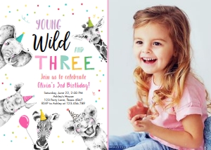 Birthday Invitation Wild Three Animals Black and White Pink Vertical No Leaves Photo design preview