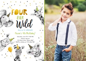 Birthday Invitation Party Animals No Leaves Black White Gold Four Ever Wild Boy Vertical Photo design preview