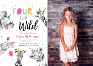 Birthday Invitation Four Ever Wild Animals Black and White Pink Vertical No Leaves Photo design preview