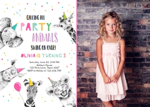 Birthday Invitation Party Animals Black and White Girl Vertical No Leaves Photo design preview