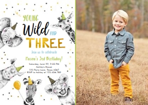 Birthday Invitation Party Animals No Leaves Black White Gold Young Wild and Three Boy Vertical Photo design preview
