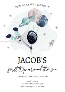 Invitation Space Planets Balloons First Trip Around the Sun Boy White design preview