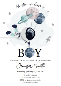 Invitation Space Planets Balloons Houston We Have a Boy White design preview