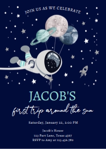 Invitation Space Planets Balloons First Trip Around the Sun Boy Dark design preview