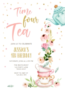 Birthday invitation Time four Tea White Vertical design preview