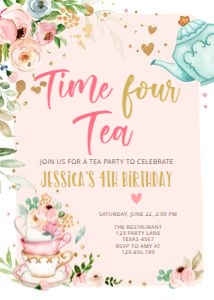 Birthday invitation Time Four Tea Coral Vertical V3 design preview