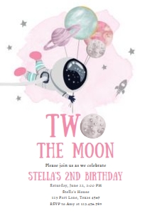 Invitation Space Planets Balloons Two the Moon Girl White 0366: Invitation Space Planets Balloons Two the Moon Girl White 0366