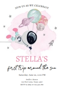 Invitation Space Planets Balloons First Trip Around the Sun Girl White design preview