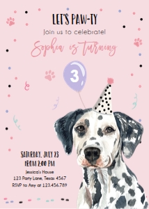 Birthday Invitation Pawty Dogs Dalmatian Pink Background design preview