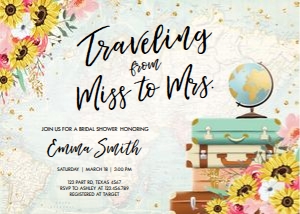 Bridal Shower Invitation Miss to Mrs Travel Sunflowers Pink Map design preview