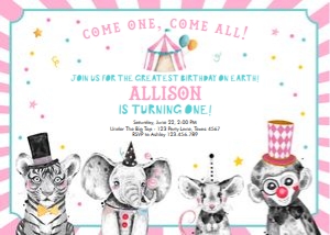 Birthday Invitation Circus Animals Girl Vertical Horizontal design preview