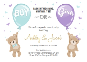 Gender Reveal Invitation Bears Violet White design preview