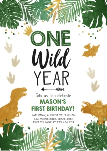 Birthday Invitation Gold Dinosaur One Wild Year Boy design preview