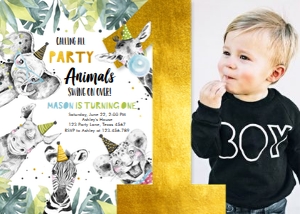 Birthday Invitation Party Animals Black and White Boy Horizontal One Gold design preview
