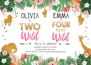 Birthday Invitation Safari Animals Jungle Two Wild Four Ever Wild Girls Combined design preview
