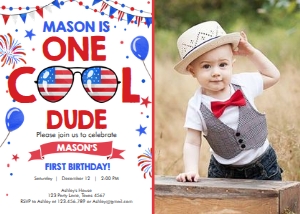Birthday Invitation One Cool Dude 4th of July - Photo design preview