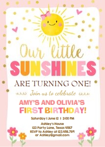 Birthday Invitation Little Sunshines Pink Bow Twins Flowers design preview
