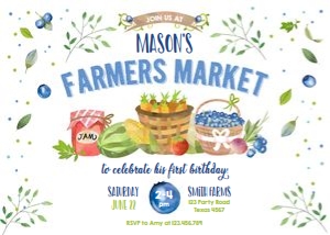 Birthday Invitation Farmers Market White Horizontal Blueberry design preview