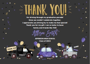 Thank You Card Graduation Drive By Purple Balloons Horizontal Dark design preview