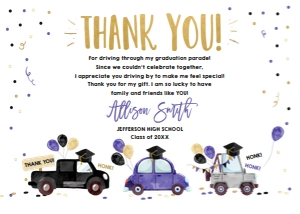 Thank You Card Graduation Drive By Purple Balloons Horizontal design preview