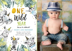 Birthday Invitation Party Animals Black White Gold One Wild Year Boy Vertical Photo design preview