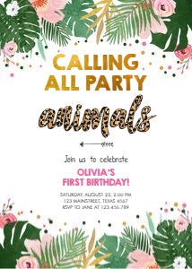 Birthday Invitation Safari Leaves Leopard Calling All Party Animals Girl design preview