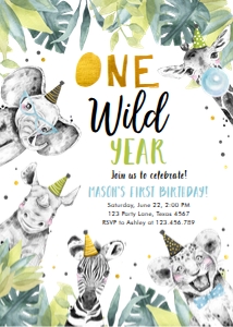 Birthday Invitation Party Animals Black White Gold One Wild Year Boy Vertical design preview
