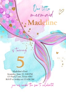 Birthday Invitation Mermaid Tail Watercolor Little Mermaid design preview