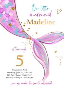 Birthday Invitation Mermaid Tail Watercolor Little Mermaid White design preview