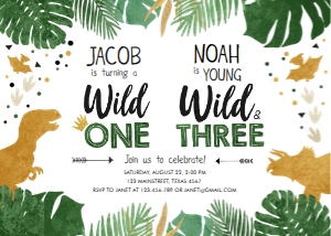 Birthday Invitation Gold Dinosaur Wild One Young Wild and Three Boys Combined design preview