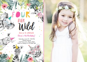 Birthday Invitation Four Ever Wild Animals Black and White Pink - Photo design preview