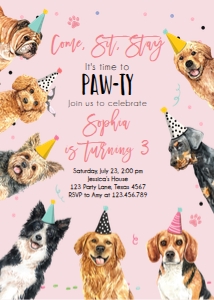Birthday Invitation Pawty Dogs Vertical Pink V3 design preview