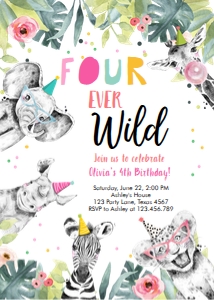 Birthday Invitation Four Ever Wild Animals Black and White Pink Vertical design preview